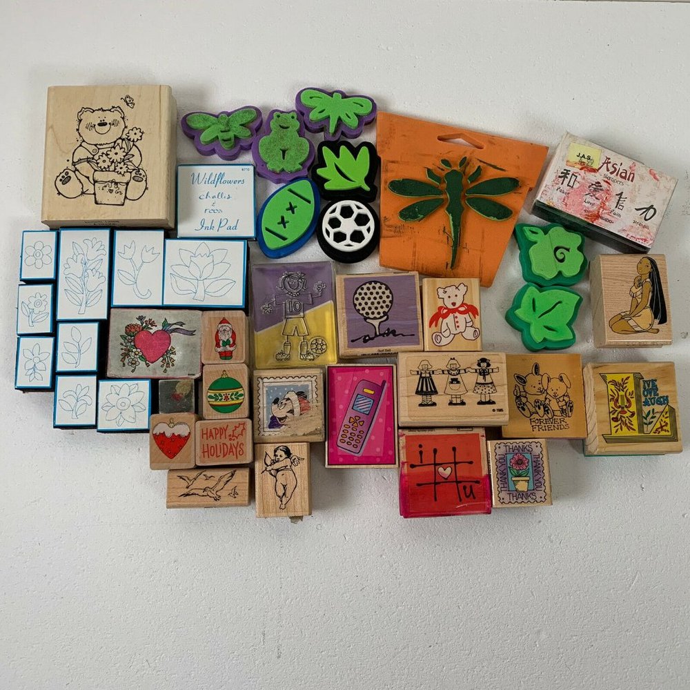 Large Lot of Rubber and Wooden Stamps 44 Mixed Themes Sports Flower